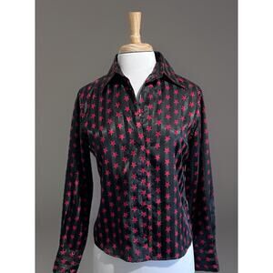 Vintage 90’s Guess Jeans Star Print Shirt Button Down Black & Red Satin Women S